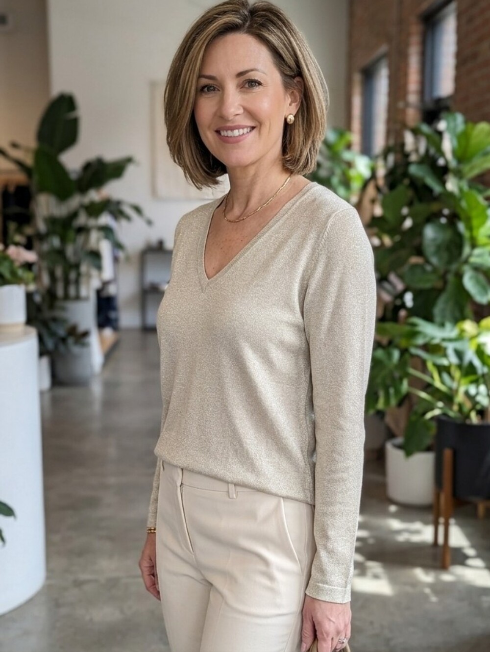 Eileen Fisher Champagne Metallic Capsule V-neck Long Sleeve Women's Top Size M